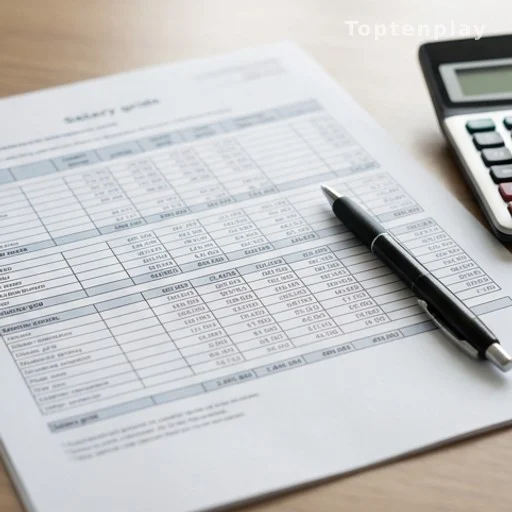 Document de grille salariale et calculatrice sur un bureau, rémunération fonction publique défense