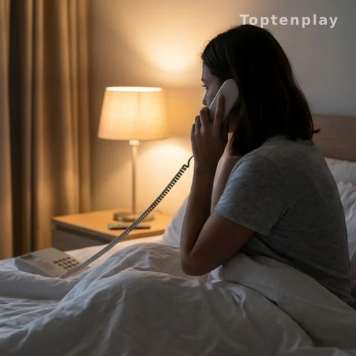 Femme réveillée la nuit tenant un téléphone après un appel inattendu