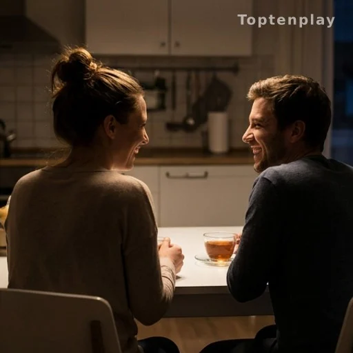 Couple partageant un moment de rire complice la nuit dans une cuisine