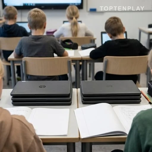 Classe primaire avec cahiers papier et ordinateurs fermés