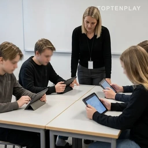 Enseignant supervisant des élèves sur tablettes