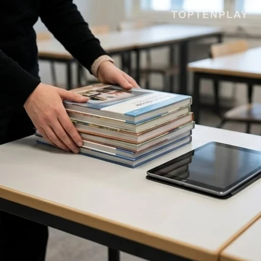Manuels papier déposés près d’une tablette fermée