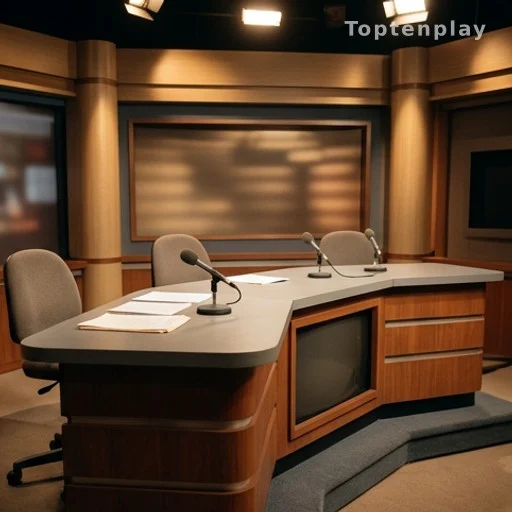 Plateau de journal télévisé des années 2000 avec bureau et microphones