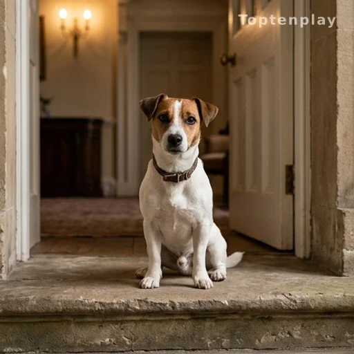 Jack Russell Terrier assis près d'une porte, symbole d'adoption animale