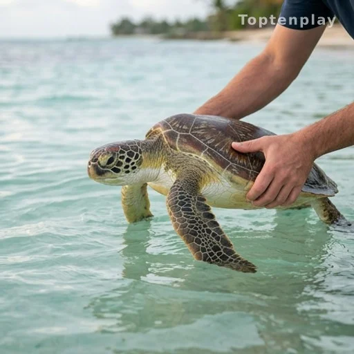 Tortue marine tenue dans des mains humaines au bord de l'eau en Polynésie