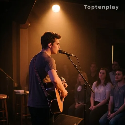 Jeune musicien sur scène lors d'un concert intime, fils de chanteur célèbre