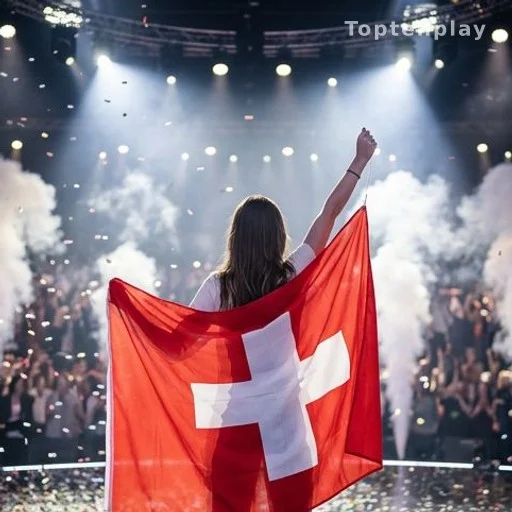 Artiste de dos brandissant le drapeau suisse sur la scène de The Voice 2026