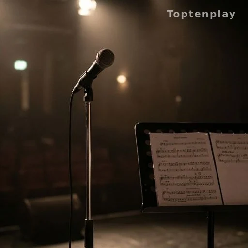 Microphone sur scène de répétition, symbole des épreuves vocales avant la finale