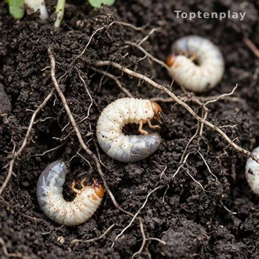 Larves de hanneton blanches dans la terre d'un jardin près des racines