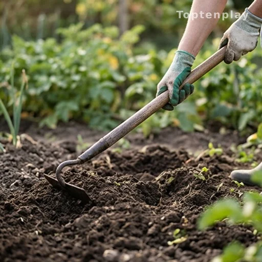 Mains gantées binant la terre d'un potager pour faire remonter les larves