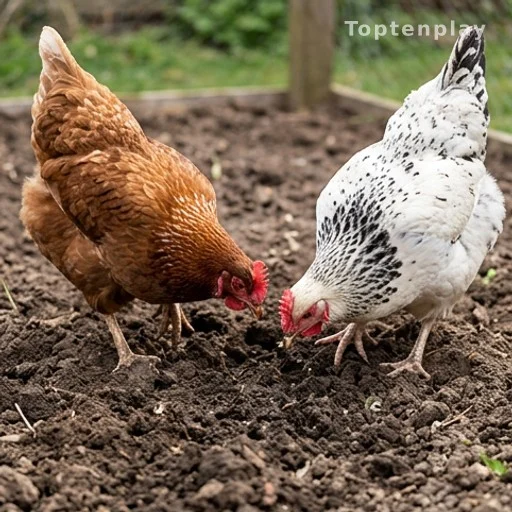 Poules grattant la terre du potager pour manger les larves de hanneton