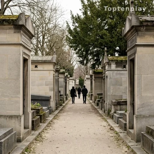 Allée du cimetière Montparnasse avec silhouettes lors d'une cérémonie funèbre