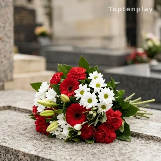 Bouquet de fleurs déposé en hommage sur une tombe en pierre