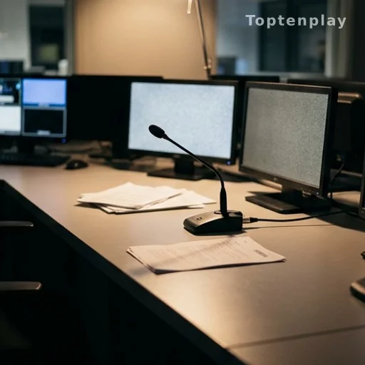 Bureau vide dans une salle de rédaction télévisée en fin de journée