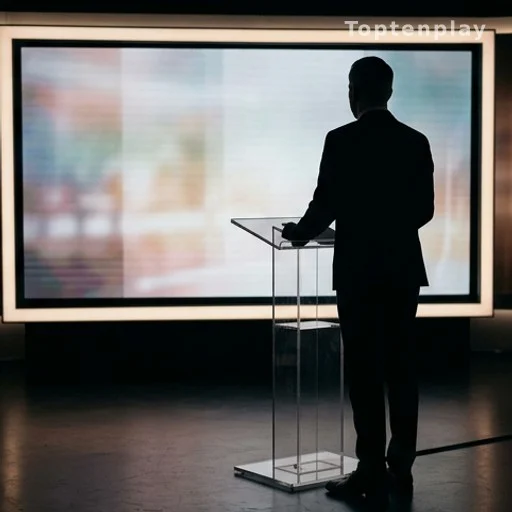 Silhouette d'un présentateur de télévision de dos devant un écran de studio