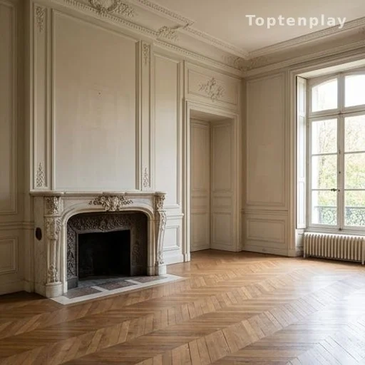 Salle de réception du château de Montretout, cheminée en marbre et grandes fenêtres