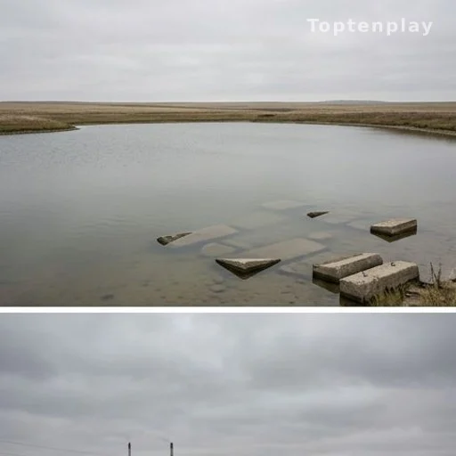 Lac Karatchaï peu profond avec blocs de béton visibles sous l'eau en Russie