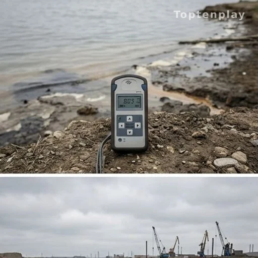 Compteur Geiger mesurant la radioactivité en bord de lac pollué