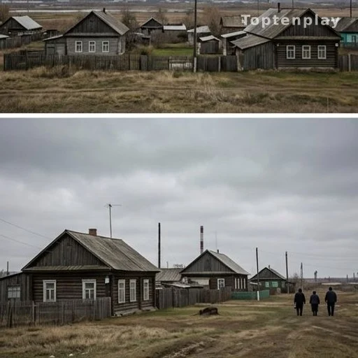 Village russe proche d'un site nucléaire avec habitants de dos sous ciel gris