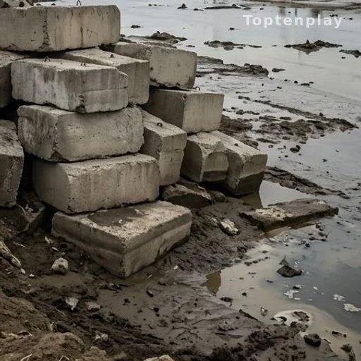 Blocs de béton empilés près d'un site de stockage de déchets nucléaires industriel