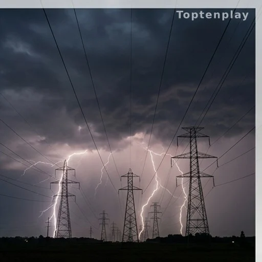 Ciel d'orage avec éclairs frappant des pylônes électriques au crépuscule