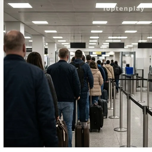 File d'attente anonyme de voyageurs avec bagages à un poste frontière sécurisé