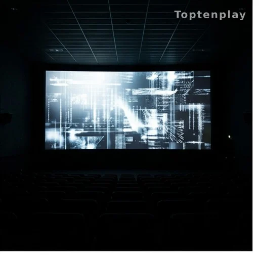 Écran de cinéma illuminé dans une salle vide avec images numériques générées par intelligence artificielle