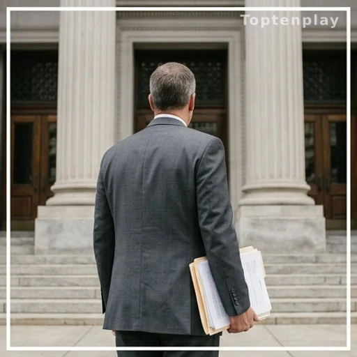 homme de dos devant un tribunal des affaires économiques tenant des documents