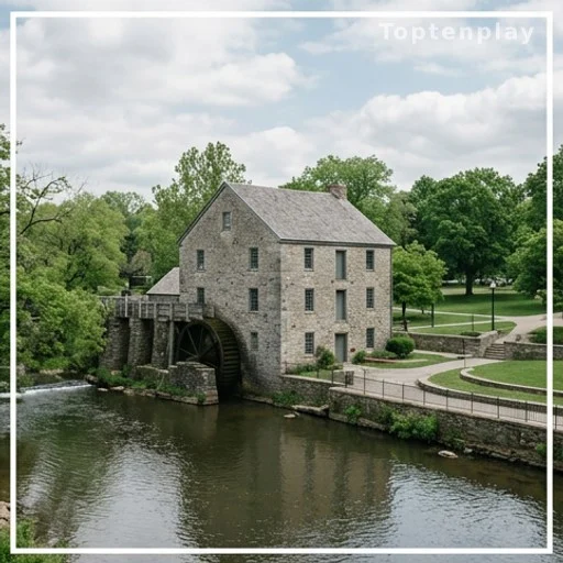 moulin en pierre au bord d'une rivière entouré d'un parc verdoyant