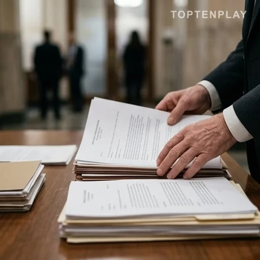 Documents de justice et avocat dans un couloir