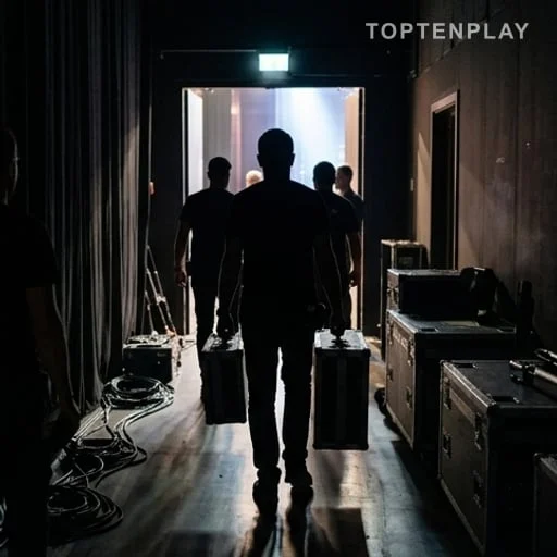 Coulisses après spectacle, équipe anonyme en soirée