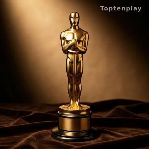 Statuette dorée des Oscars sous un éclairage de scène, symbole de consécration cinématographique