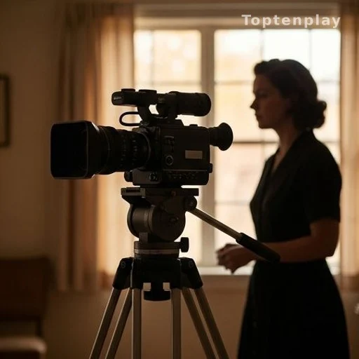 Caméra documentaire sur trépied avec silhouette de réalisatrice, tournage sur les droits des femmes