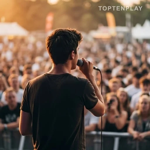 Jeune chanteur sur scène lors d’un festival
