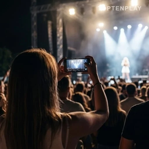 Mère filmant une scène de concert au premier rang