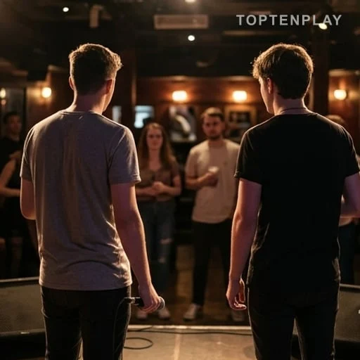 Deux frères près d’une scène après une chanson