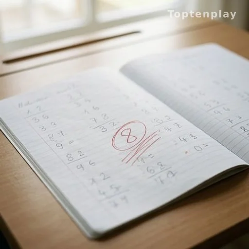 Cahier de mathématiques d'écolier avec une note rouge de 8 sur 20
