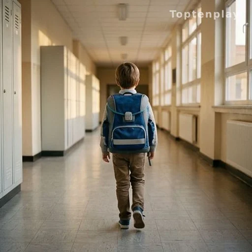 Enfant de dos avec cartable dans un couloir d'école