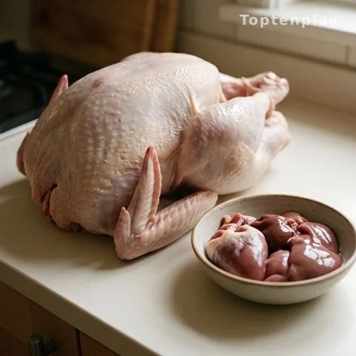Dinde crue et abats dans un bol sur un plan de travail de cuisine