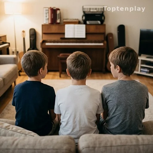 Trois enfants de dos dans un salon entouré d'instruments de musique