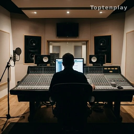Studio d'enregistrement avec console de mixage et silhouette de musicien arrangeur
