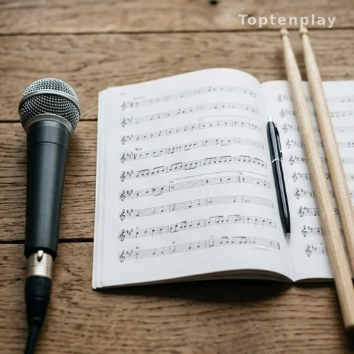 Microphone, partitions et baguettes de batterie symbolisant trois carrières musicales