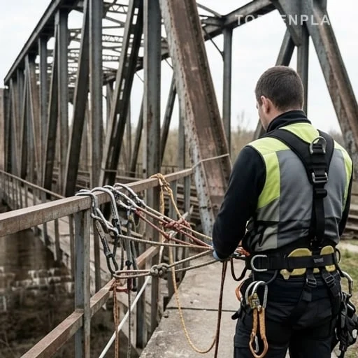 Pont désaffecté et cordes de sécurité avant un saut