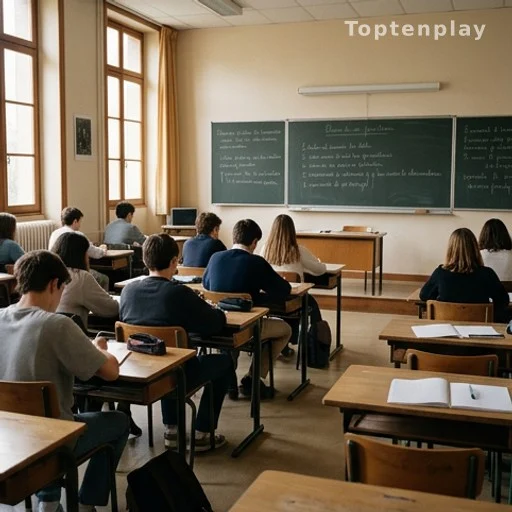 Salle de classe d'un lycée privé français années 1990, tableau noir et bureaux en bois