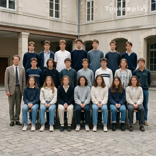 Photo de classe d'un lycée français fin des années 1990, élèves et enseignante en extérieur