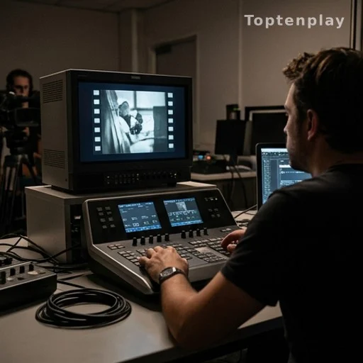 Tournage d'un documentaire télévisé, moniteur affichant des archives vidéo en salle de montage