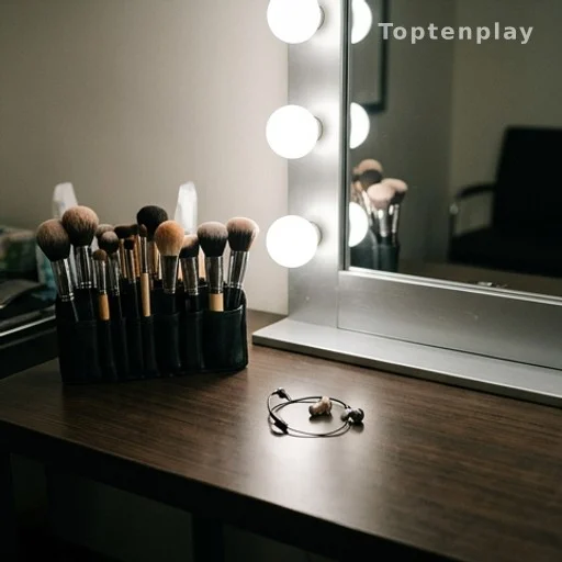 Table de maquillage avec accessoires de préparation avant un journal télévisé