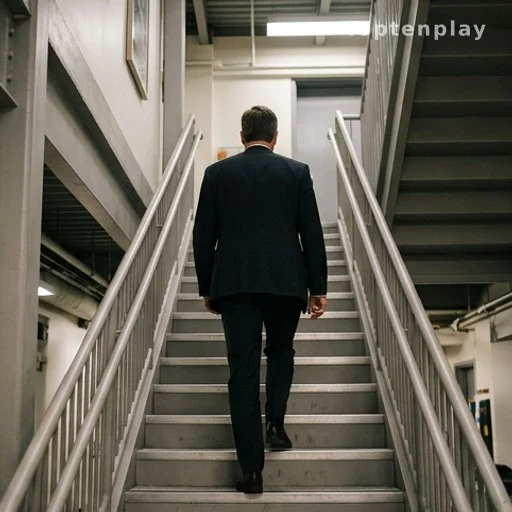 Personne de dos montant des escaliers dans un couloir de studio de télévision