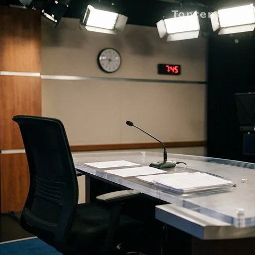 Plateau de journal télévisé prêt avant le direct à 19h45, bureau et micro installés