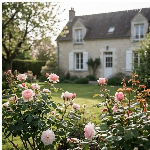 Jardin fleuri avec rosiers en fleurs près d'une maison paisible en banlieue parisienne